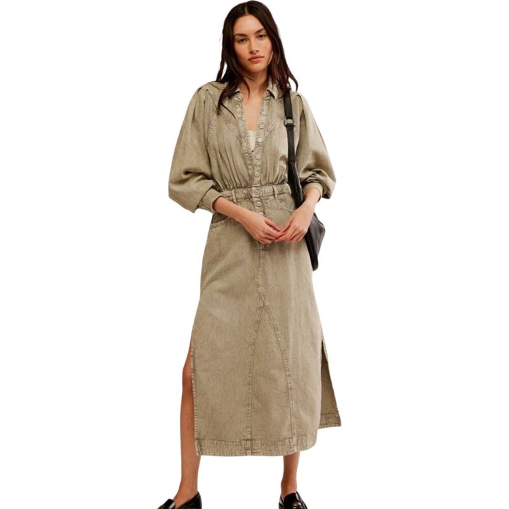 Free People Mad Love Sage Distressed Denim Midi Shirtdress Size Small